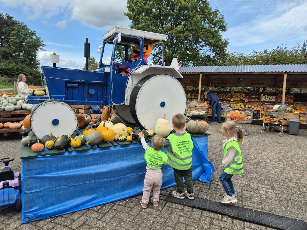 Kinderen bij een blauwe trekker vol pompoenen op de pompoenmarkt