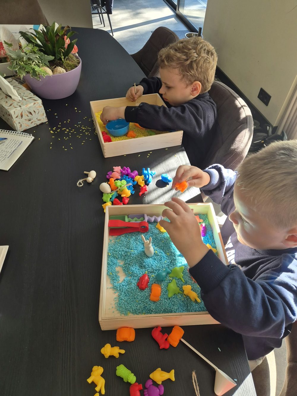 Spelen met gekleurde speelrijst en diertjes